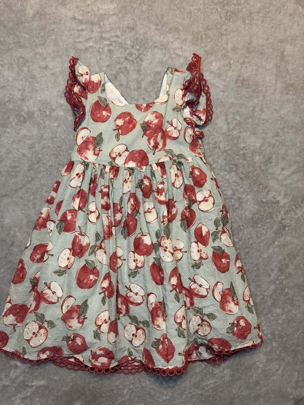 Cynthia Rowley Girls Apple Print Flutter Sleeve Dress with Eyelet Trim